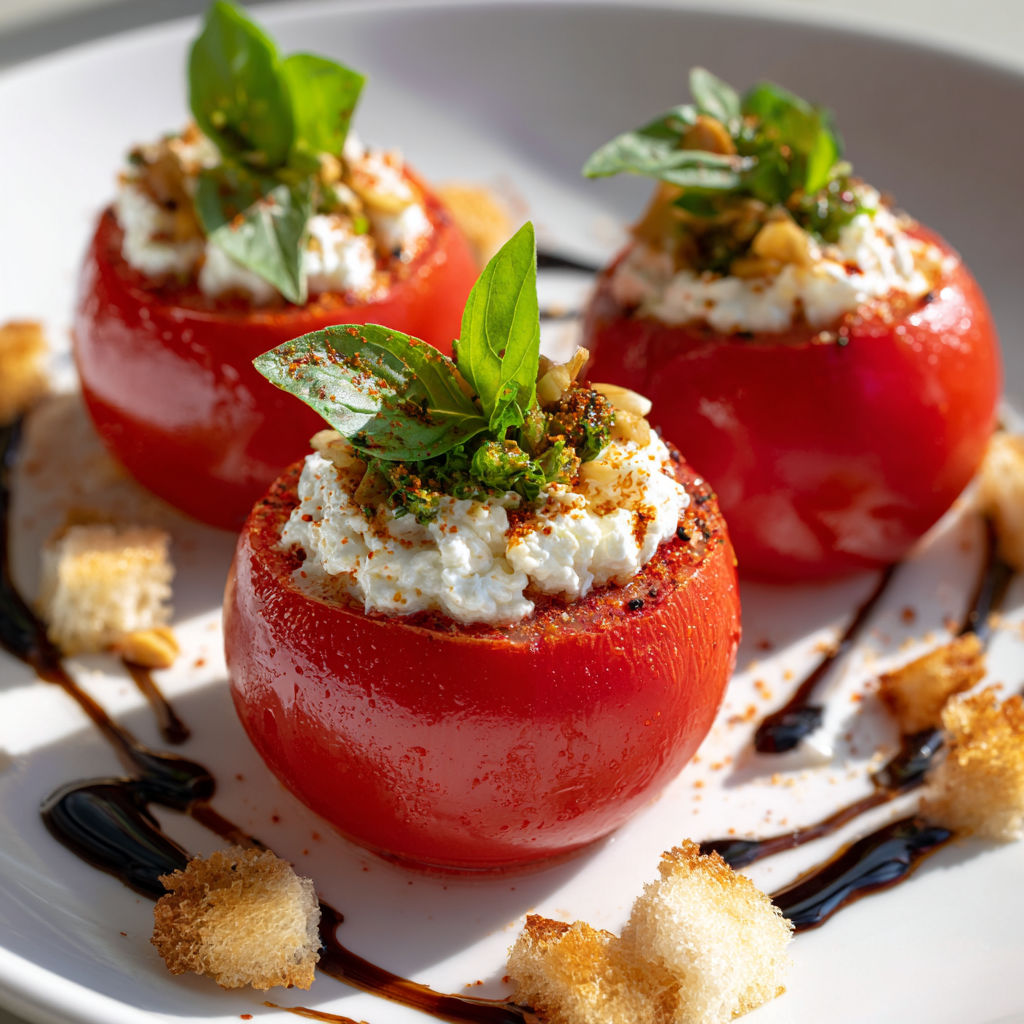Une recette de tomate farcie à la strascicella est servie sur un plateau avec des crostini et des herbes fraîches.