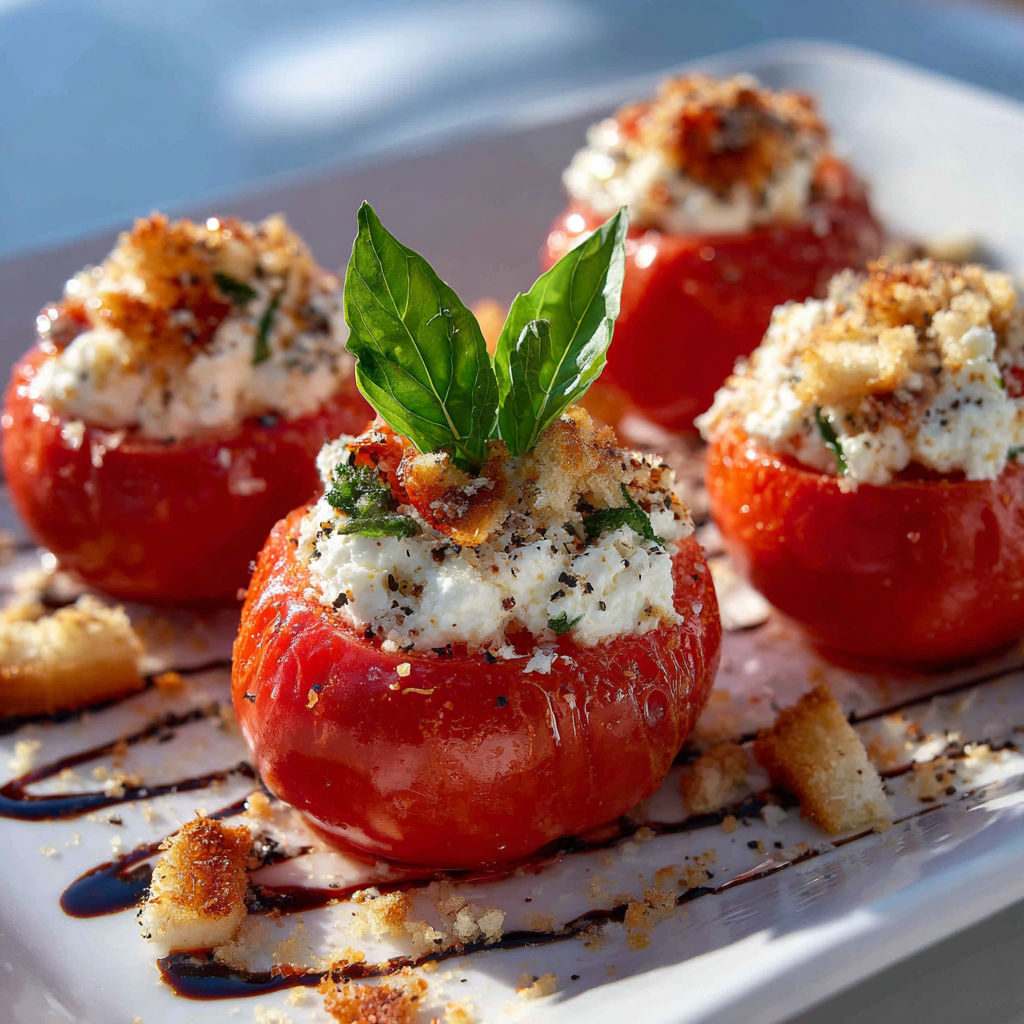 Tomates farcis avec des herbes et des croutons, servis sur une assiette blanche.