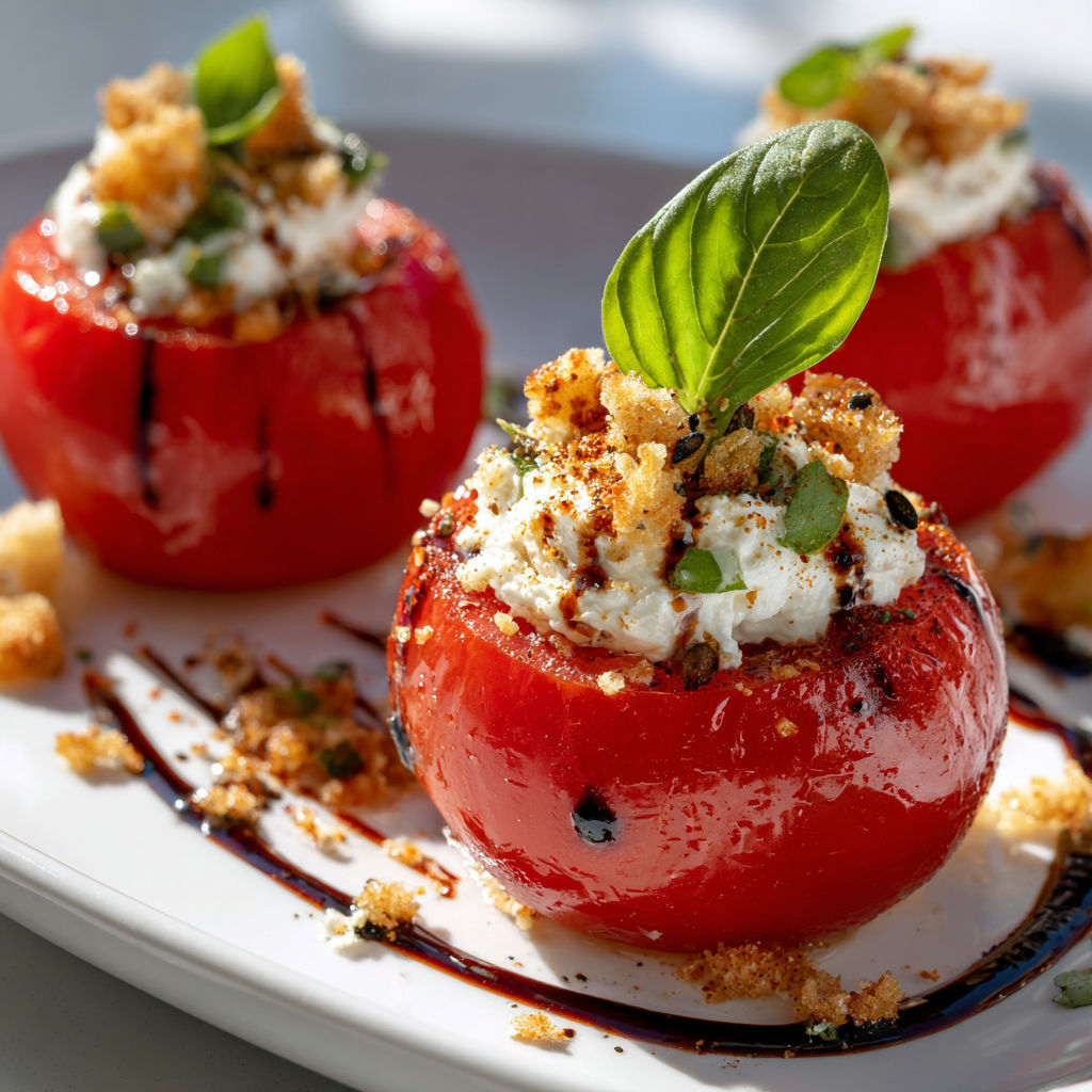 Tomates farcis avec des herbes et des croutons, servis sur une assiette blanche.