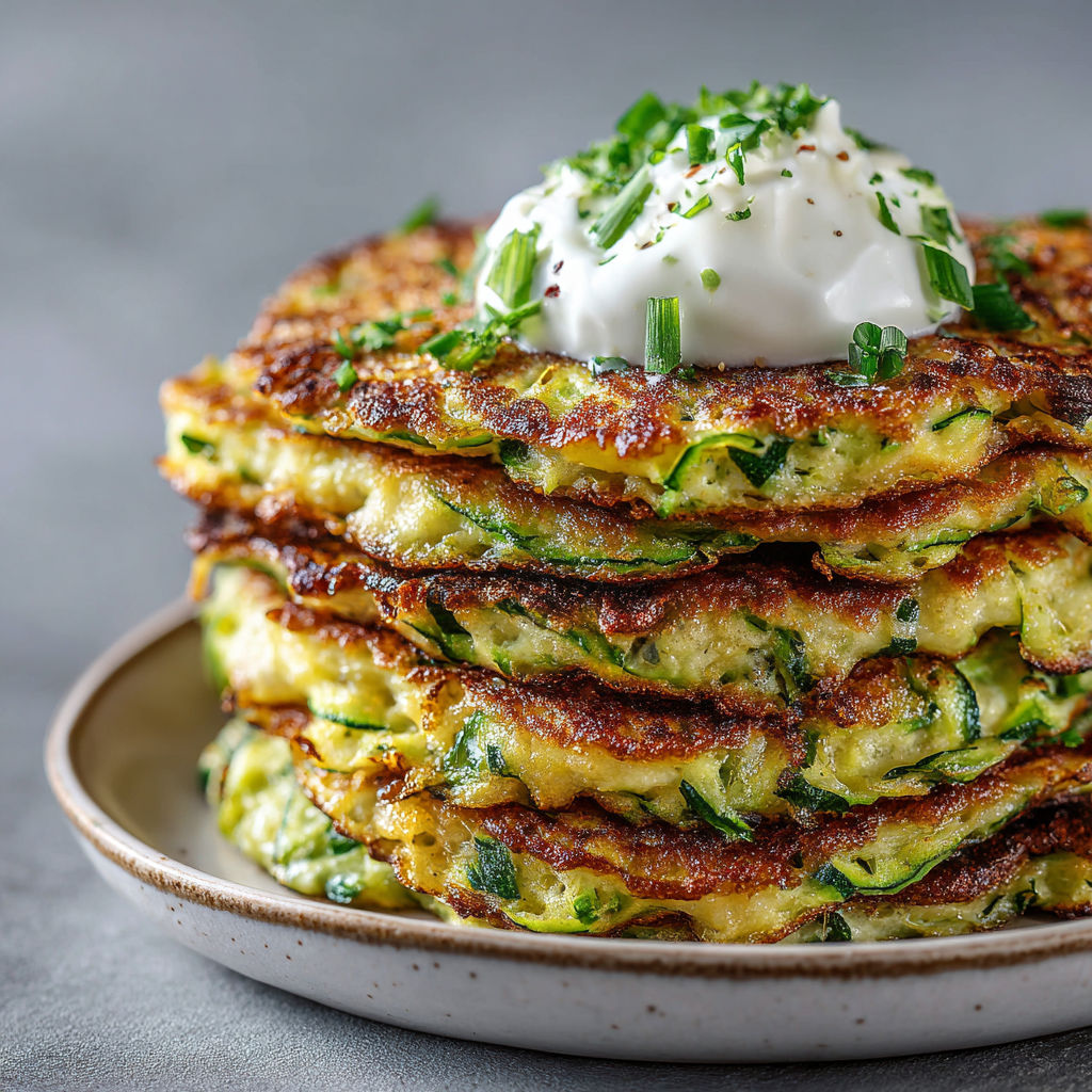 Une pile de crêpes de courgettes soufflées sur un plateau.