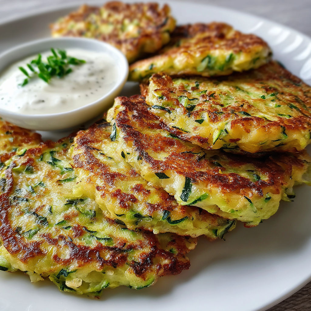 Une pile de patties de pommes de terre vertes sur un plateau, accompagnées d'une sauce et d'une poignée de herbes.