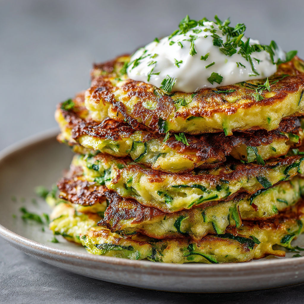 Une pile de pancakes de courgette avec une sauce blanche sur le dessus.