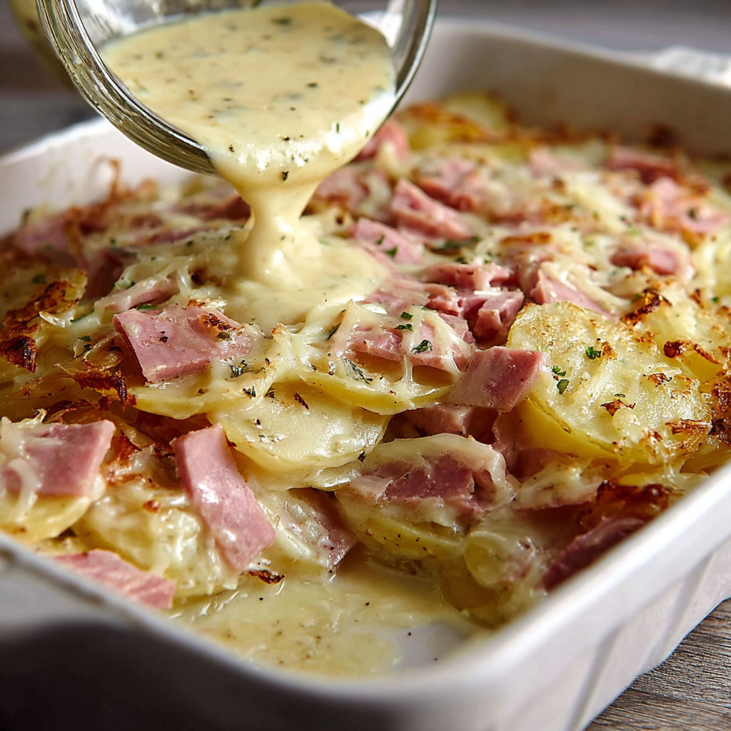 Une pâte de pommes de terre au jambon est servie dans un plat en verre.