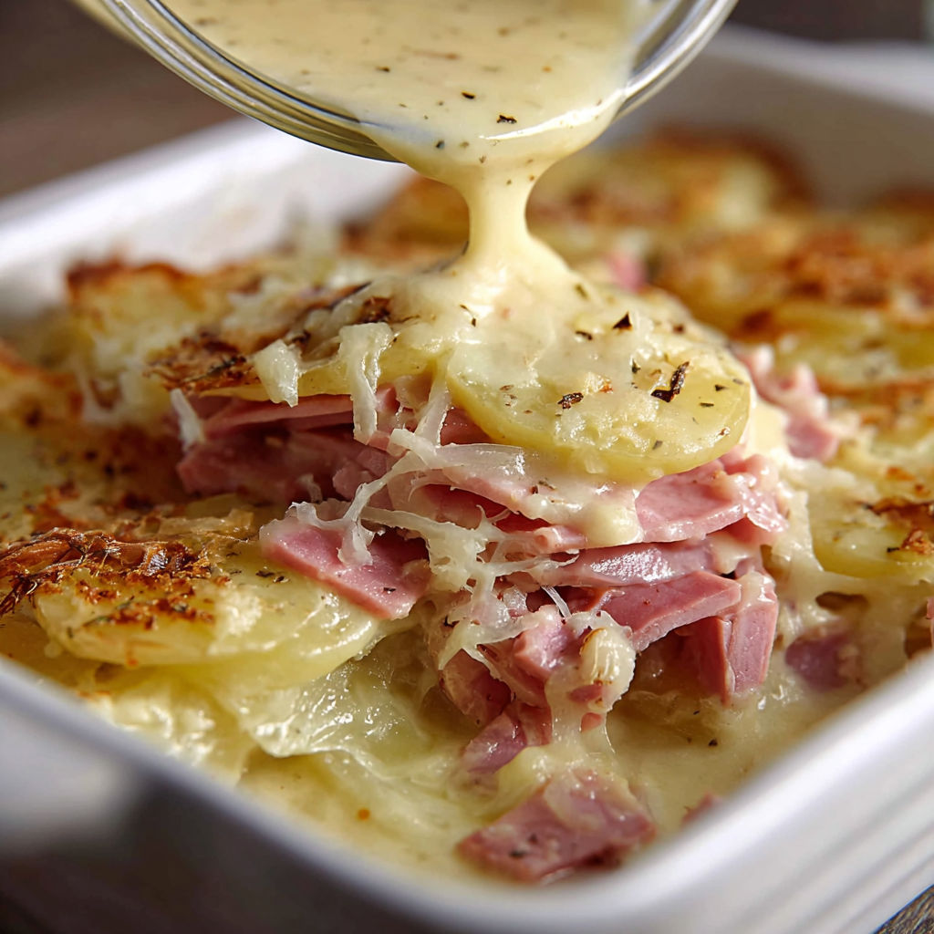 Une recette de casserole avec des pommes de terre et des lardons.