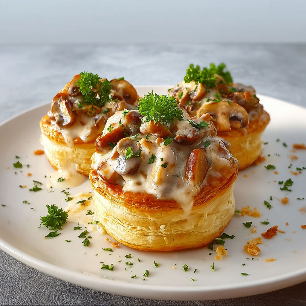 Un plat de Vol-au-vent au Poulet et Champignons est présenté sur une assiette blanche.