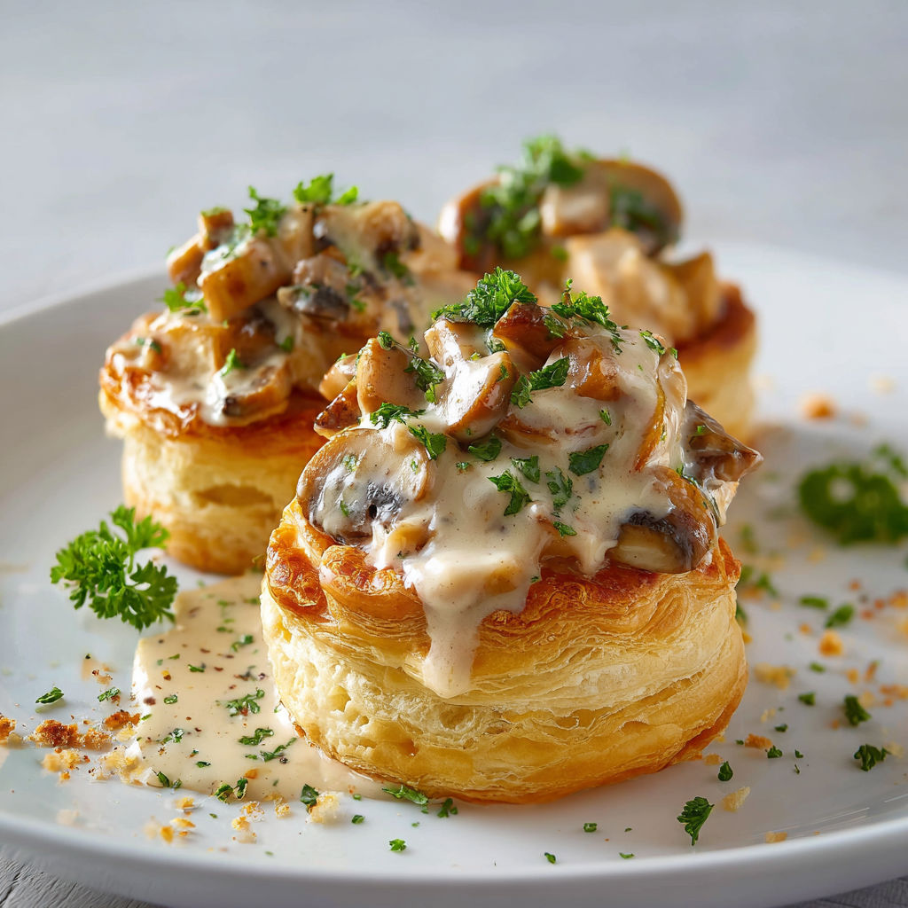 Une tarte aux champignons est servie sur un plateau avec des herbes fraîches.
