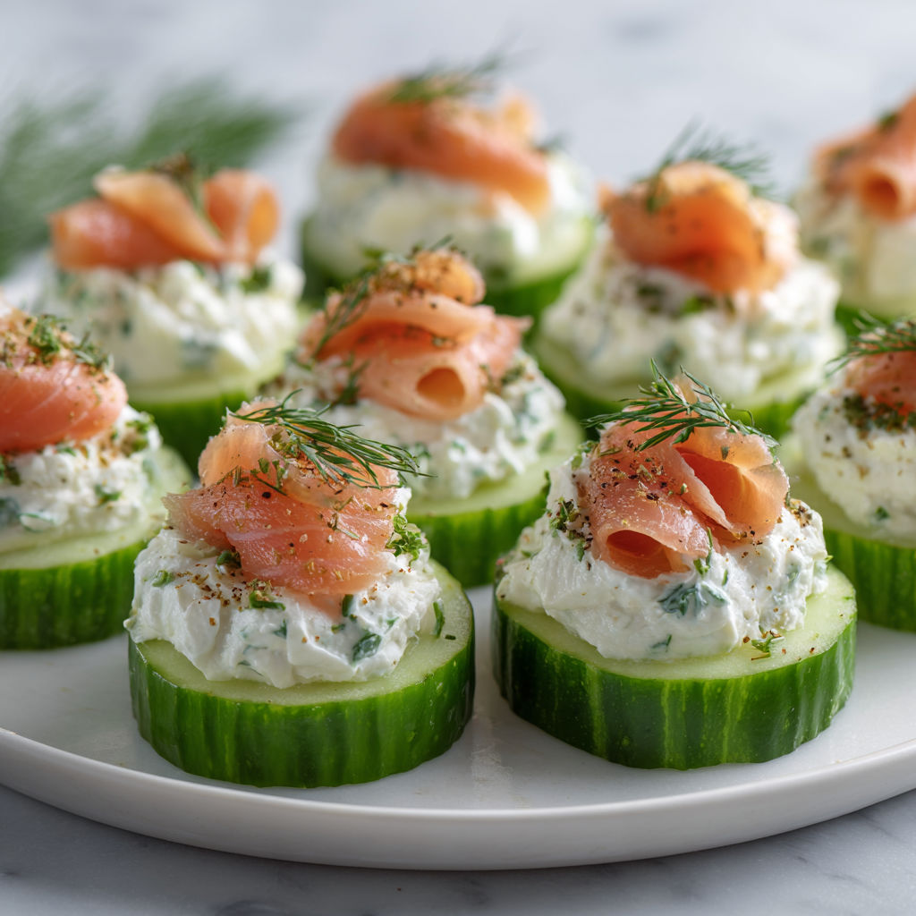 Plate of cucumber appetizers with salmon and cream cheese.