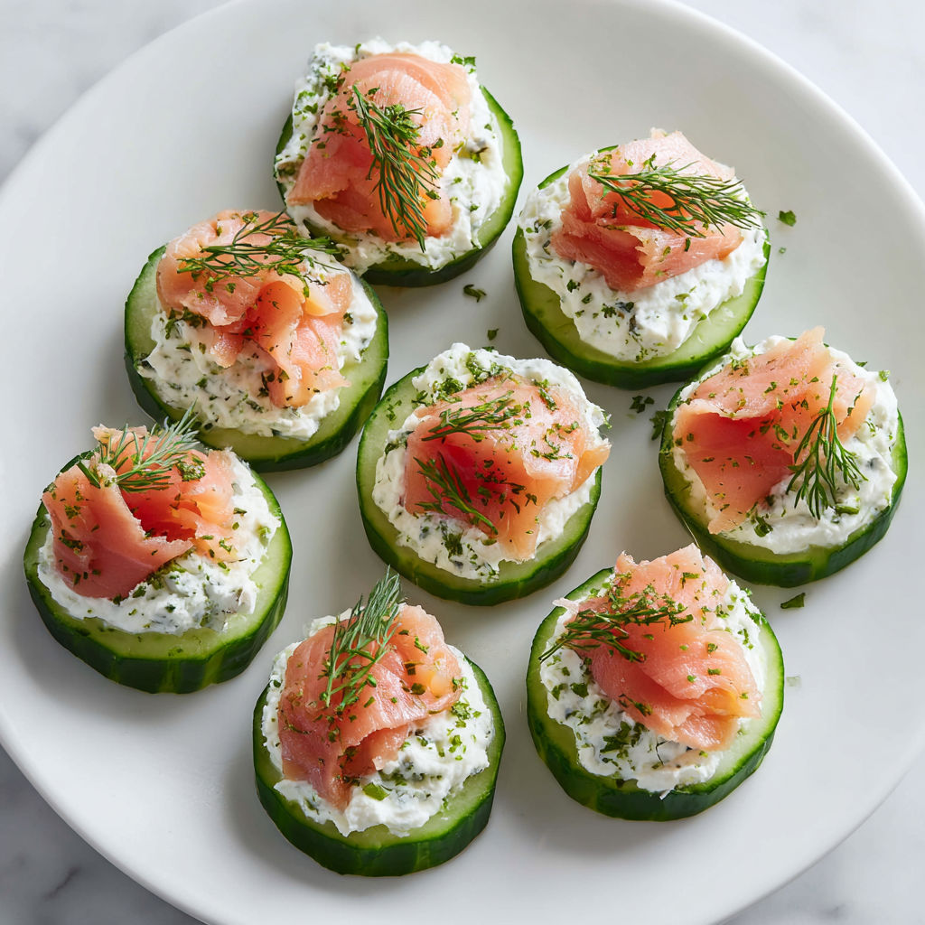 Une assiette de tartines de concombre avec des filets de saumon et des herbes vertes.