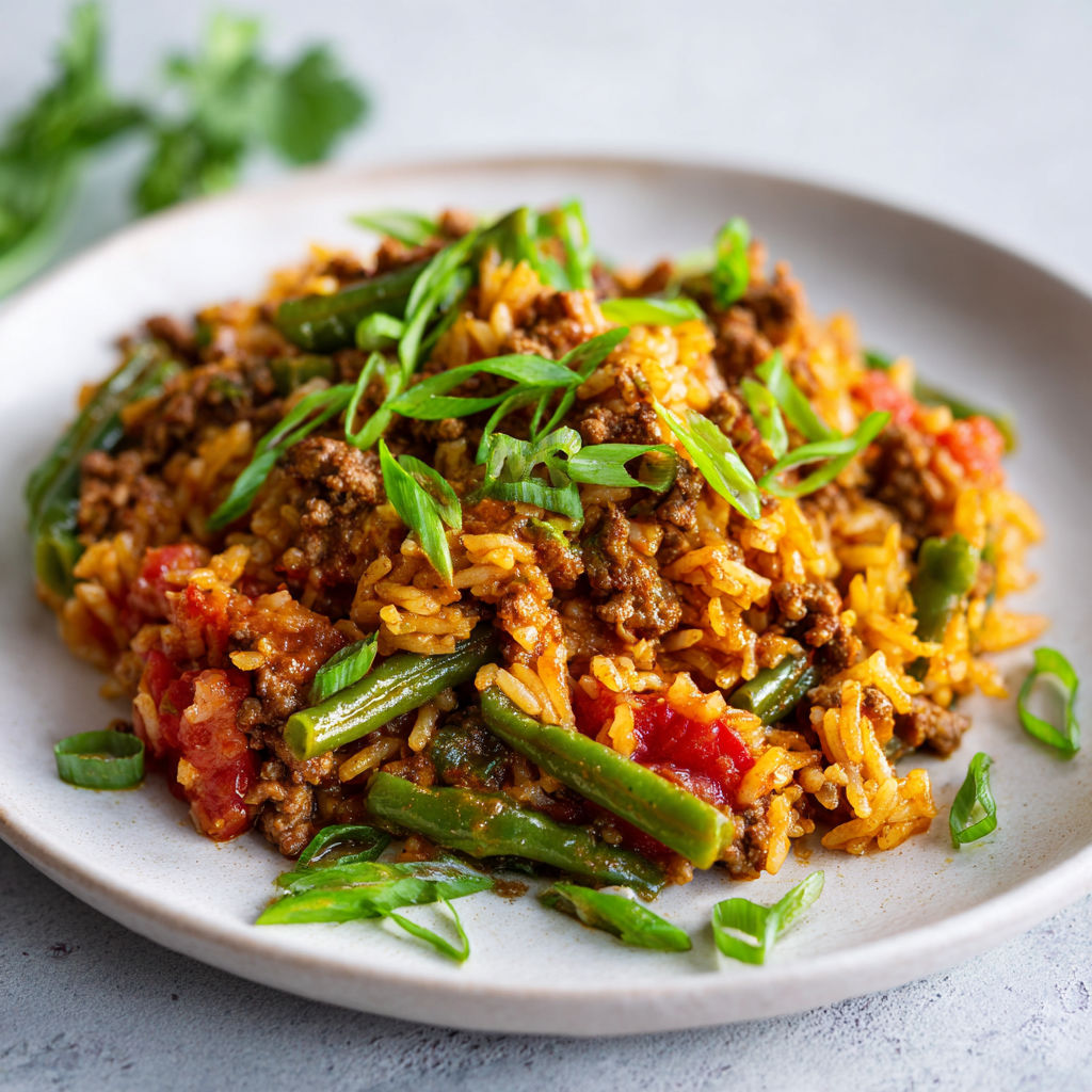 Une recette de riz et de légumes verts, servie sur un plateau.