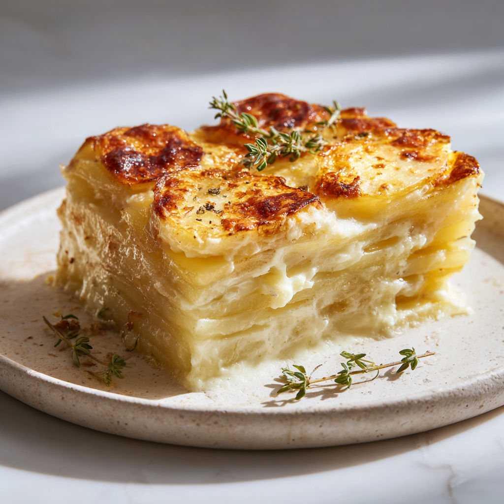 Un plat de gratin dauphinois cuit à la perfection, avec des herbes fraîches pour garnir.