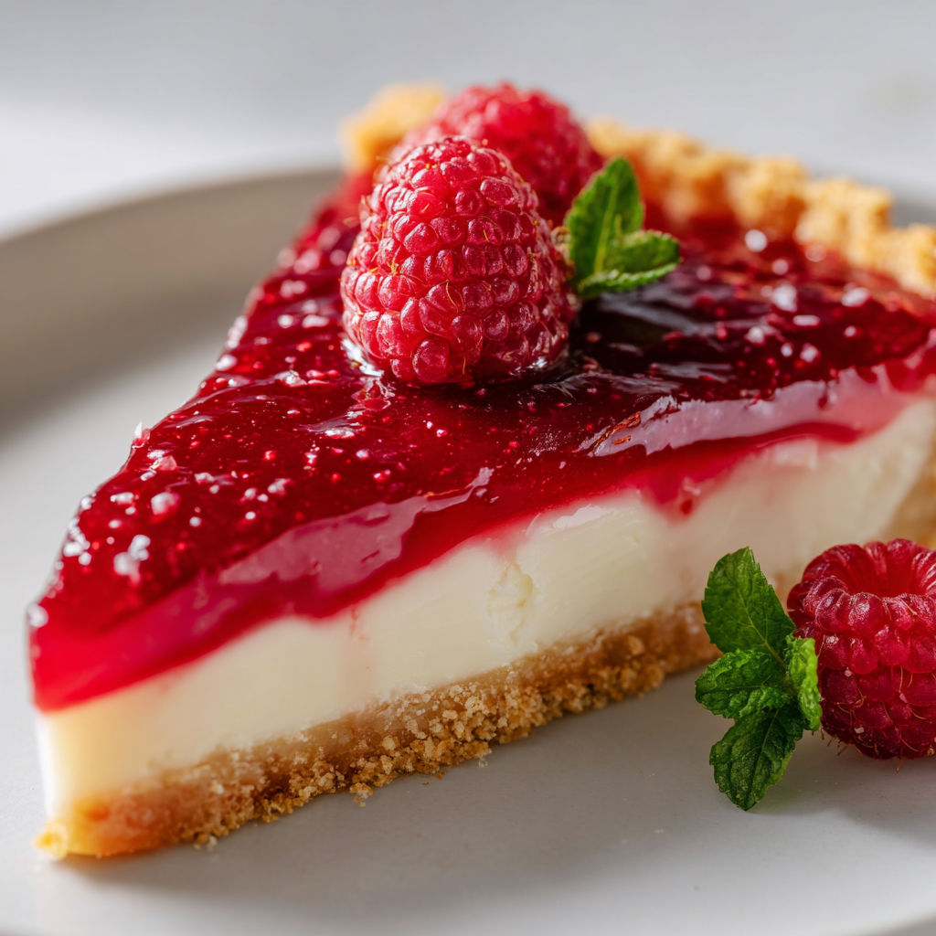 Une tarte au mascarpone et aux framboises est servie sur un plateau.