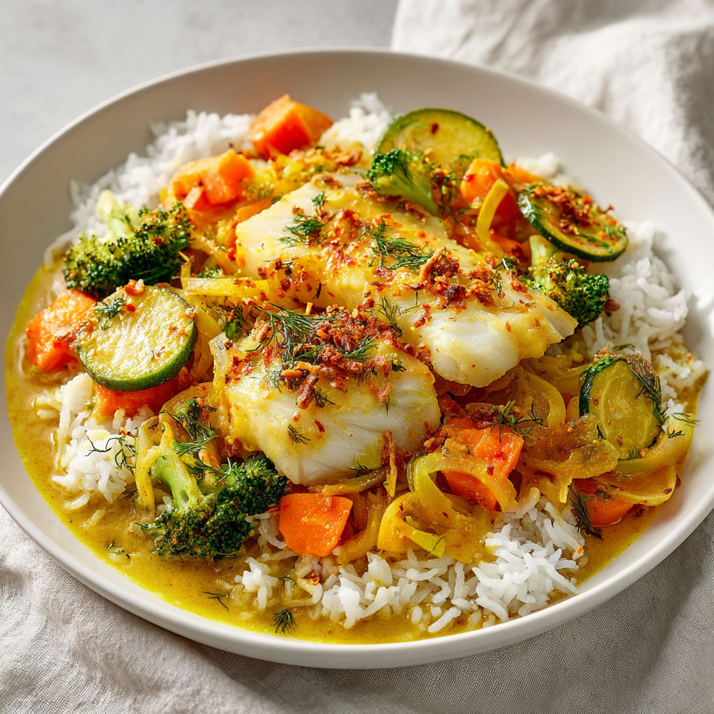 Plate of food with rice, broccoli, carrots, and fish.