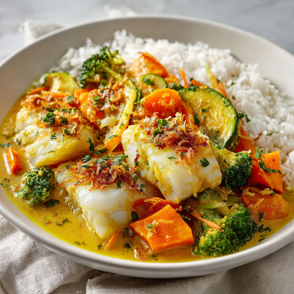 Une recette de poisson et légumes servie dans un bol.