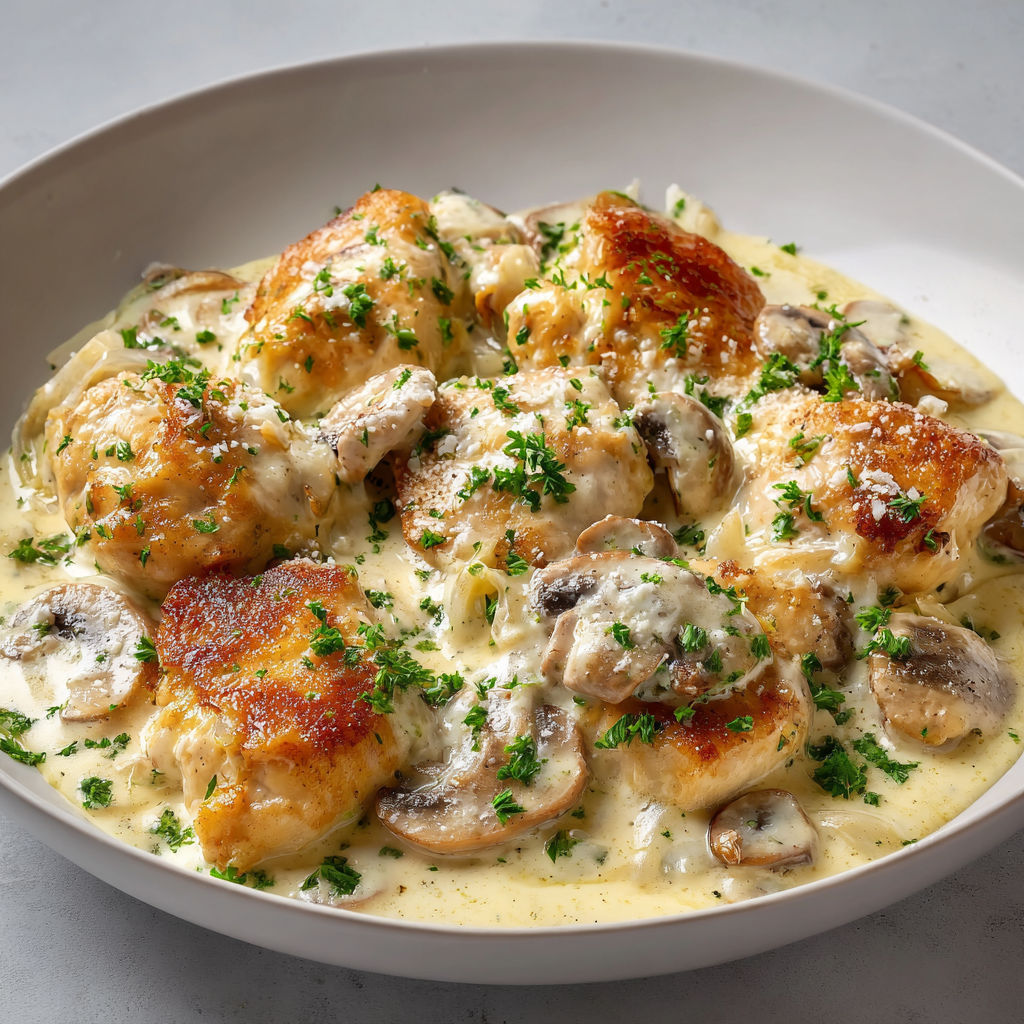 Une assiette de poulet à la crème fraîche, avec des champignons et des herbes vertes, est servie sur une table blanche.
