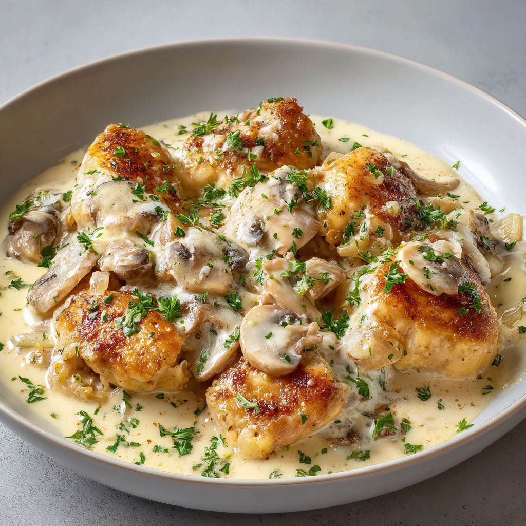 Un plat de poulet à la crème fraîche, avec des champignons et des herbes, est servie sur une table.