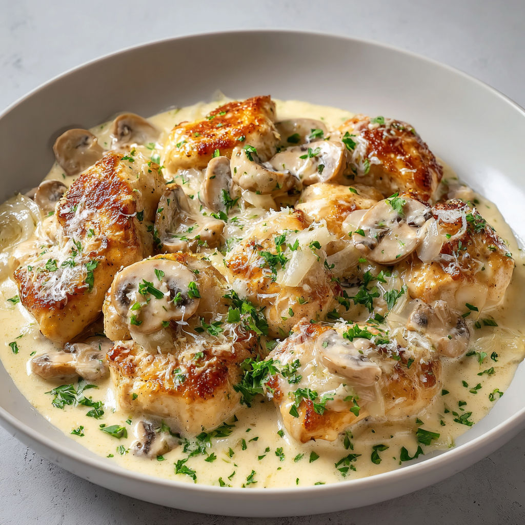 Une assiette de poulet à la crème fraîche, avec des champignons et des herbes, est servie sur une table.