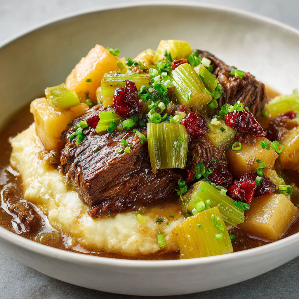 Une assiette de boeuf braisé aux deux céleris, accompagnée de légumes verts et de pommes de terre.