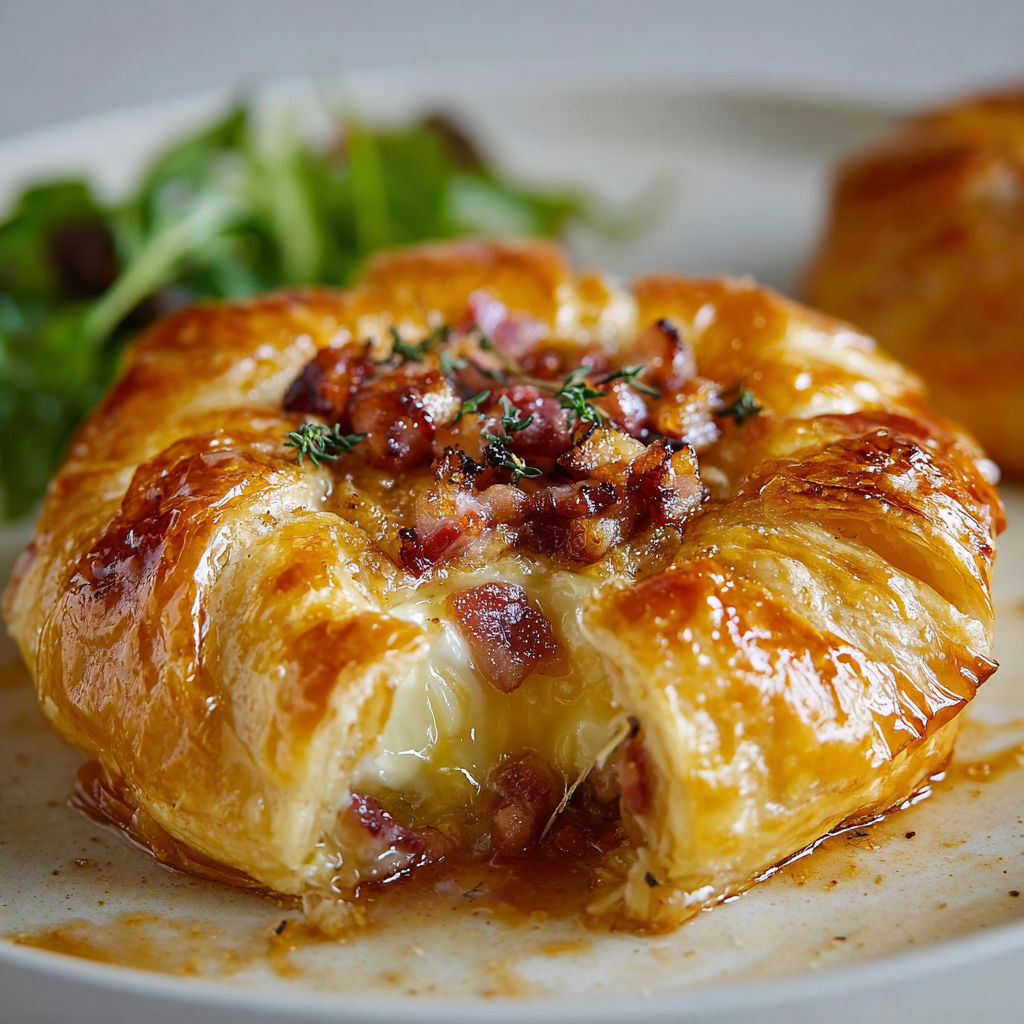 Une quiche au bacon et au fromage, accompagnée d'une salade verte, sur un plateau.
