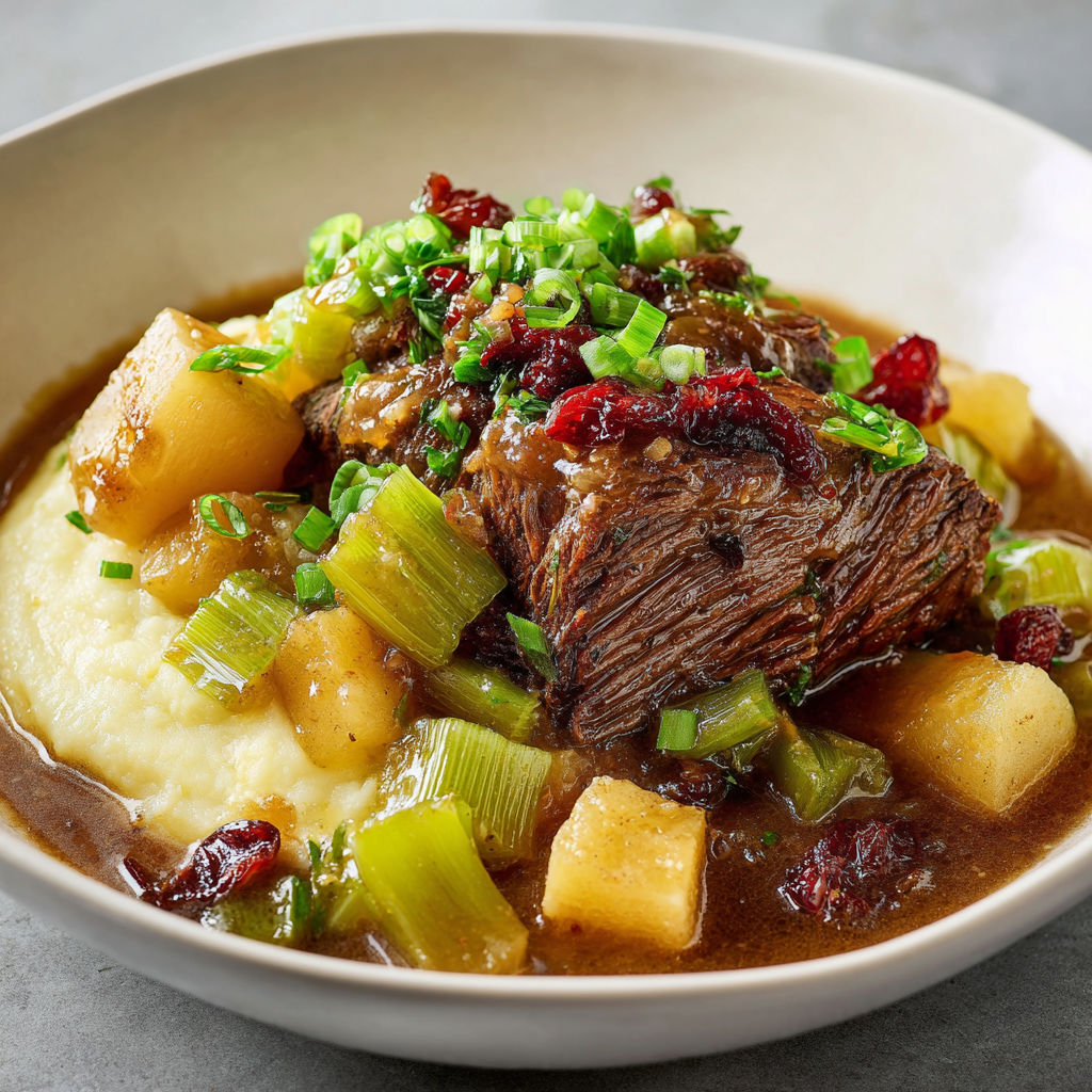 Une recette de boeuf en sauce avec des légumes verts et des pommes de terre.