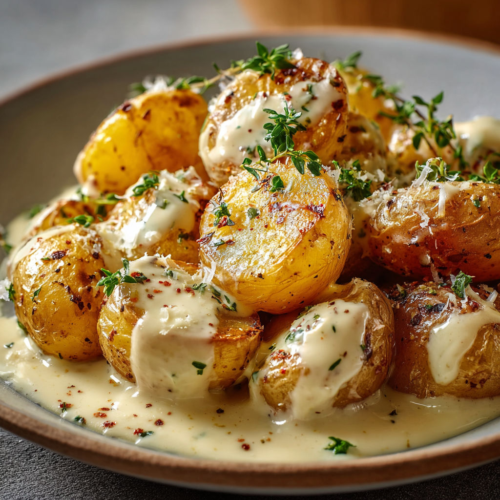 Une assiette de pommes de terre farcies, saupoudrées de fromage râpé et herbes, serties dans une sauce crémeuse.