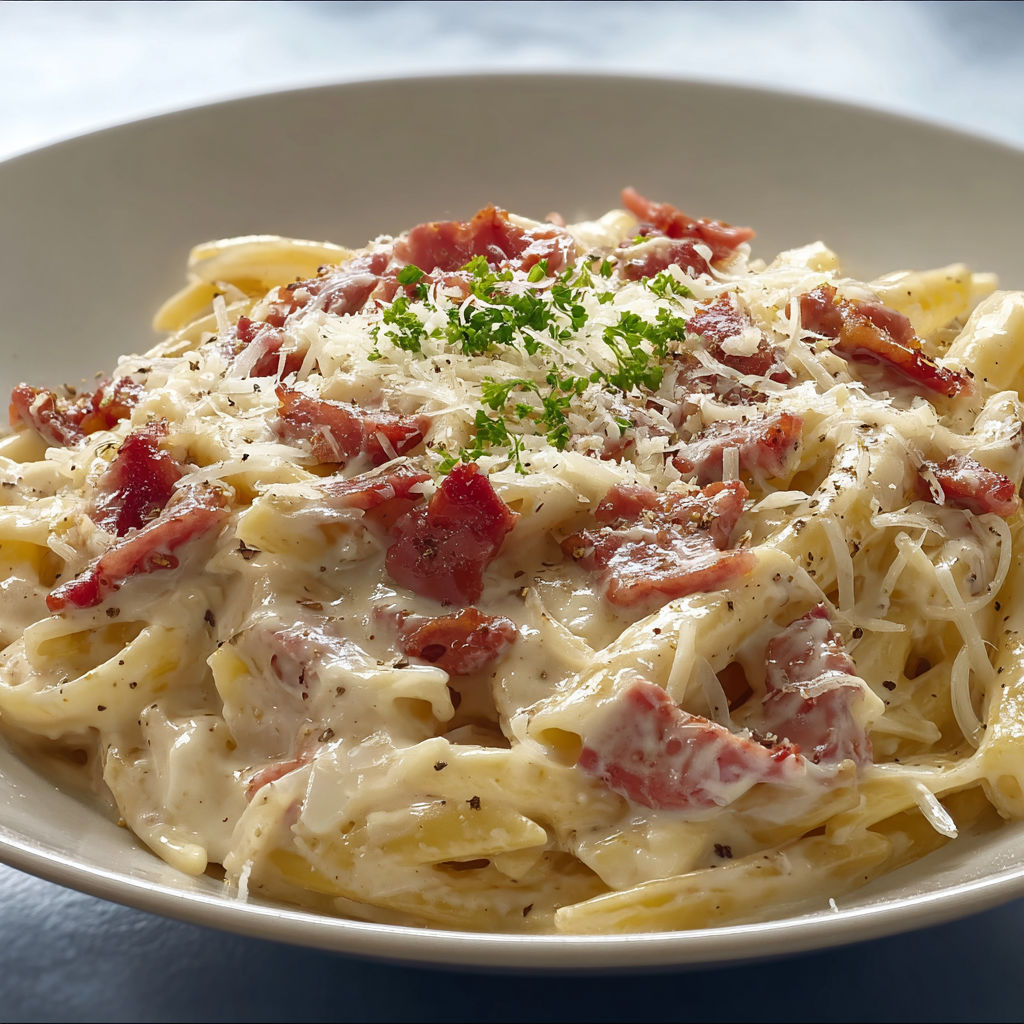 Une assiette de pâtes à la crème et lardons fumés, avec une sauce blanche et des herbes fraîches.