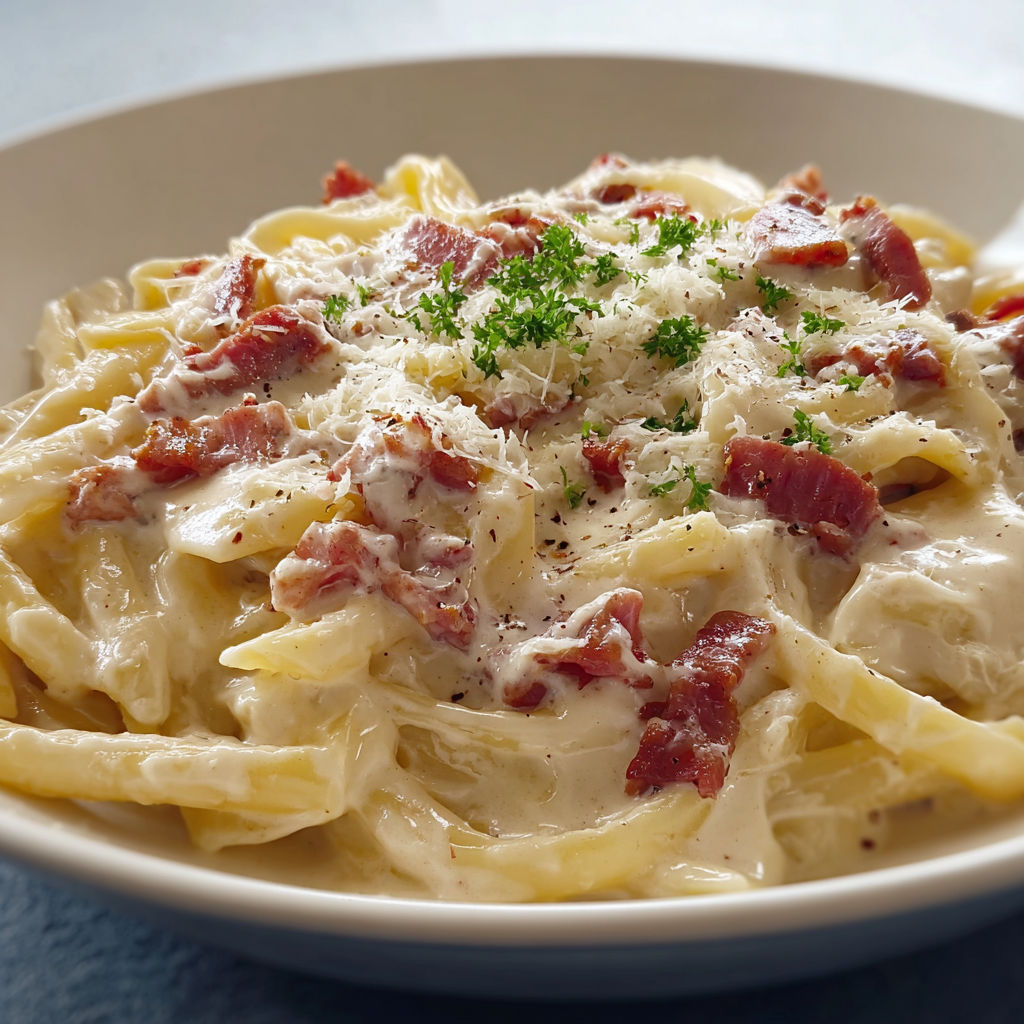 Une assiette de pâtes à la crème et lardons fumés, avec des herbes et des bacon fumés.
