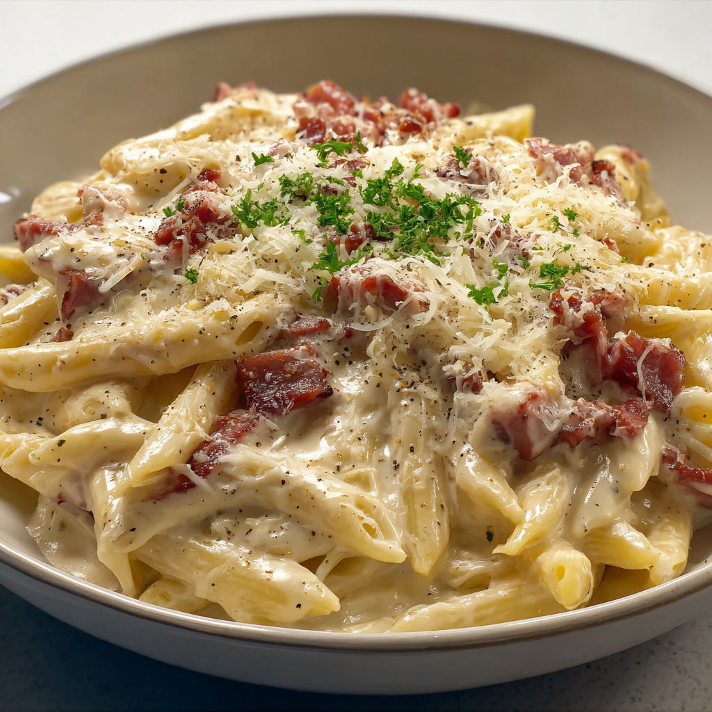 Une assiette de pâtes à la crème et lardons fumés, garnie de herbes fraîches.