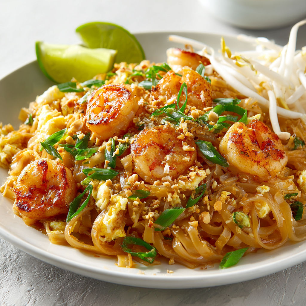 Une assiette de Pad thaï aux crevettes, avec des légumes verts et des noix de coco, est servie sur une table.