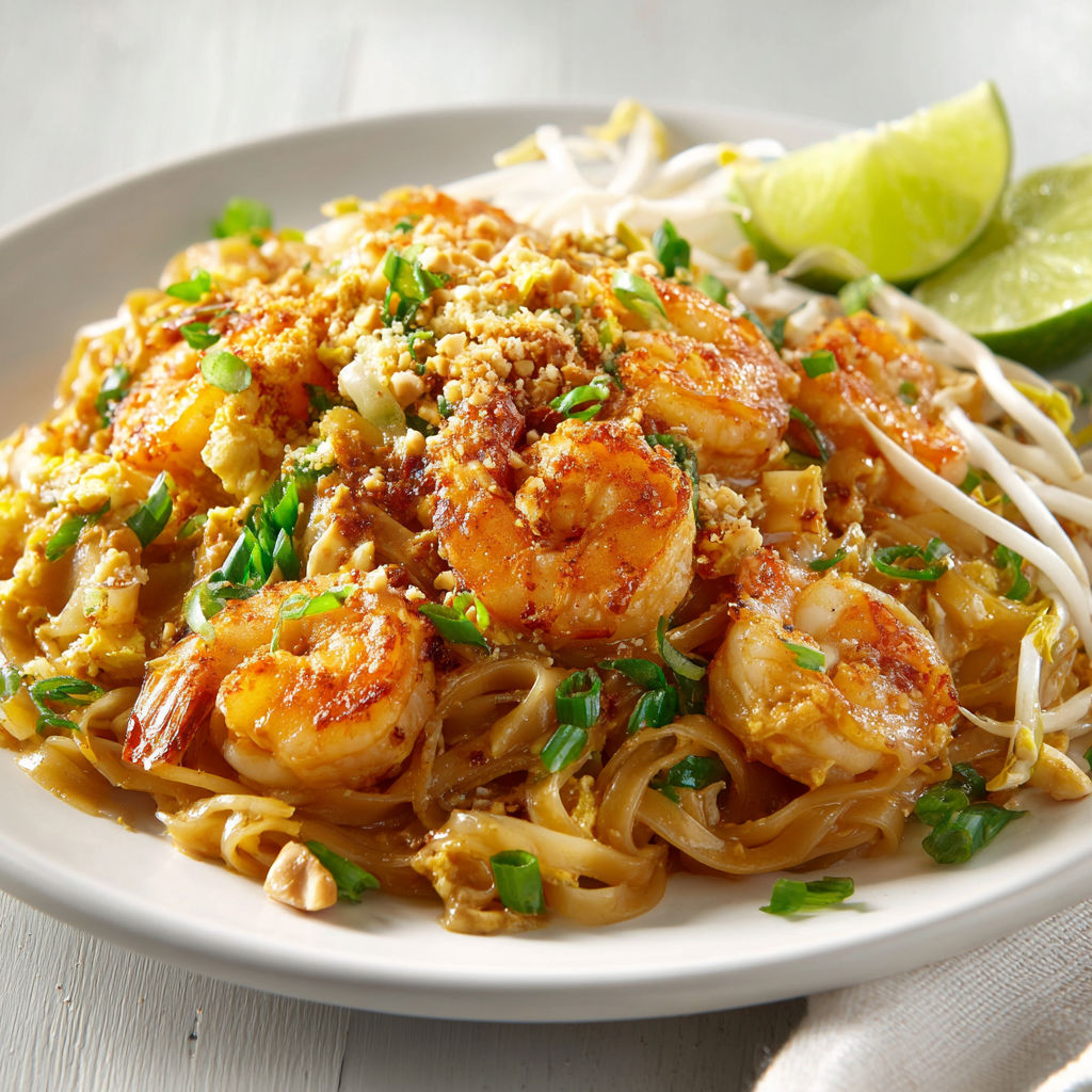 Une assiette de Pad Thaï aux crevettes, avec des herbes vertes et des limes, est servie sur une table blanche.