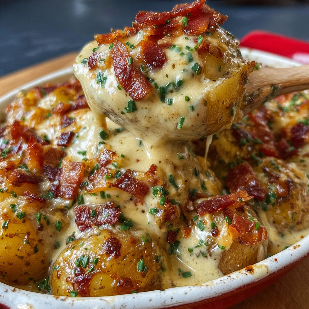Une assiette de pommes de terre au fromage, à l'ail et au bacon, servie sur une table.