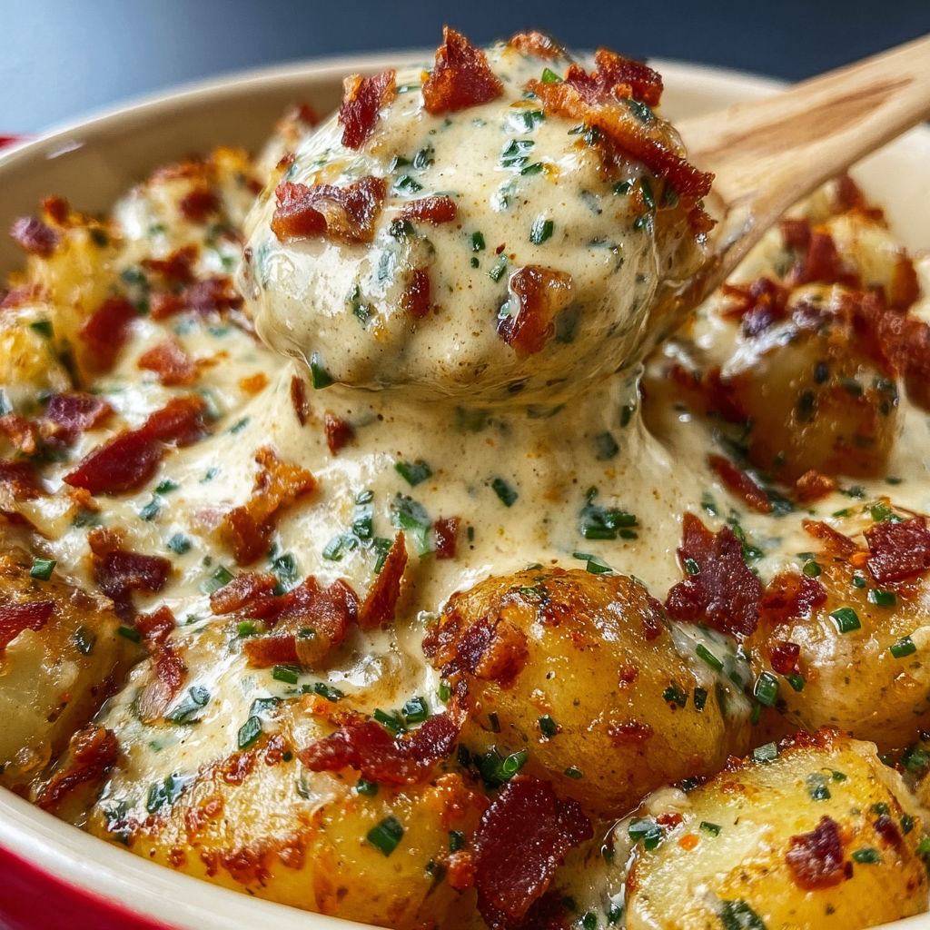 Une recette de pommes de terre et bacon avec une sauce au pesto.