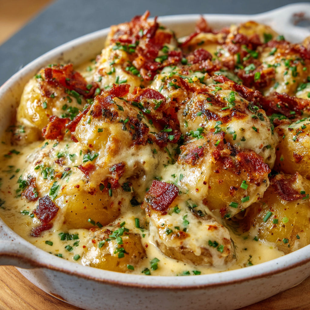 Une recette de pommes de terre et bacon dans un bol.