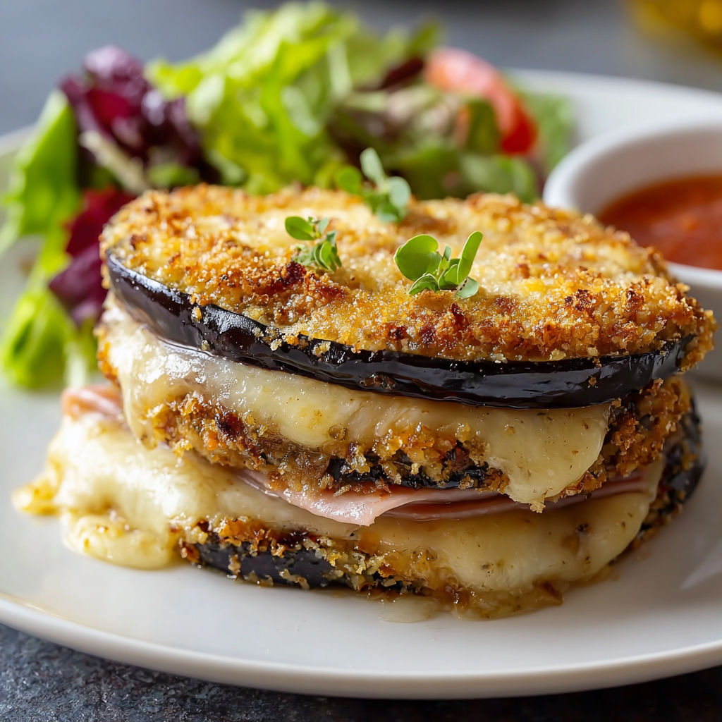 Une recette de Cordon bleu d'aubergine est servie sur un plateau avec une salade verte.