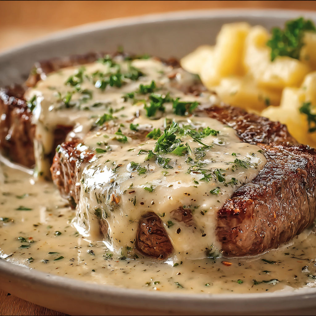 Steak Crémeux à l'Ail, une recette savoureuse qui combine des herbes fraîches et une sauce crémeuse pour créer une expérience culinaire unique.