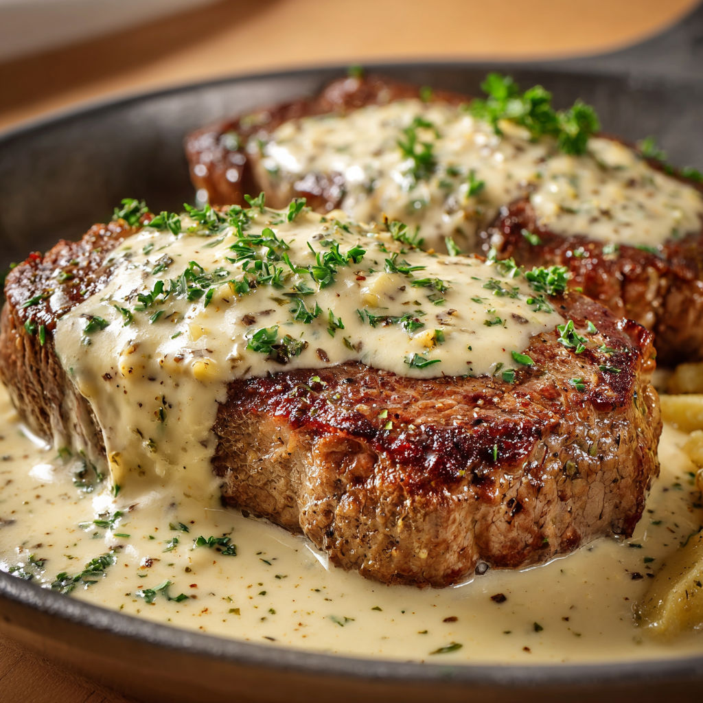 Steak au poivre avec sauce au pesto et herbes.