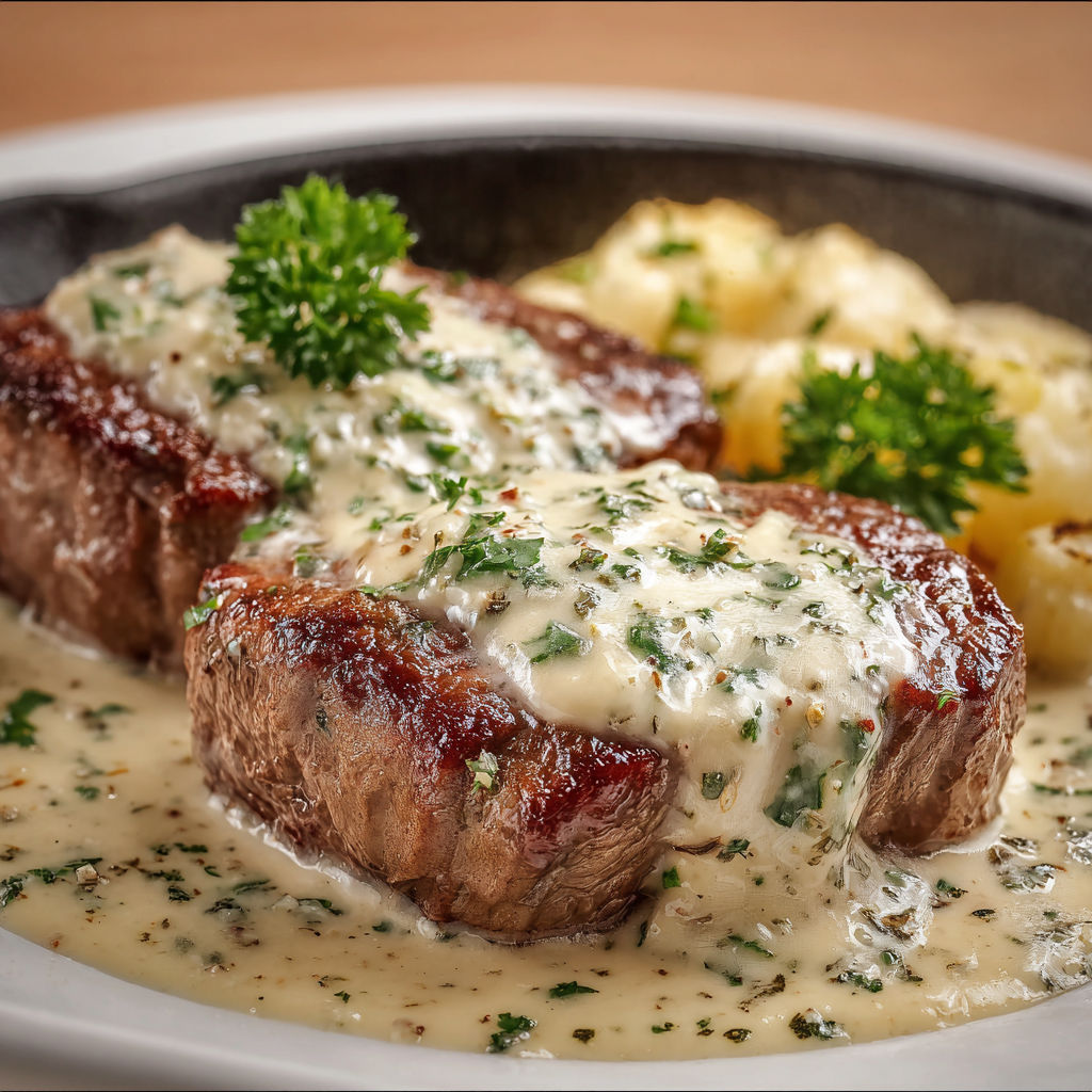 Steak au poivre avec des pommes de terre et des herbes.