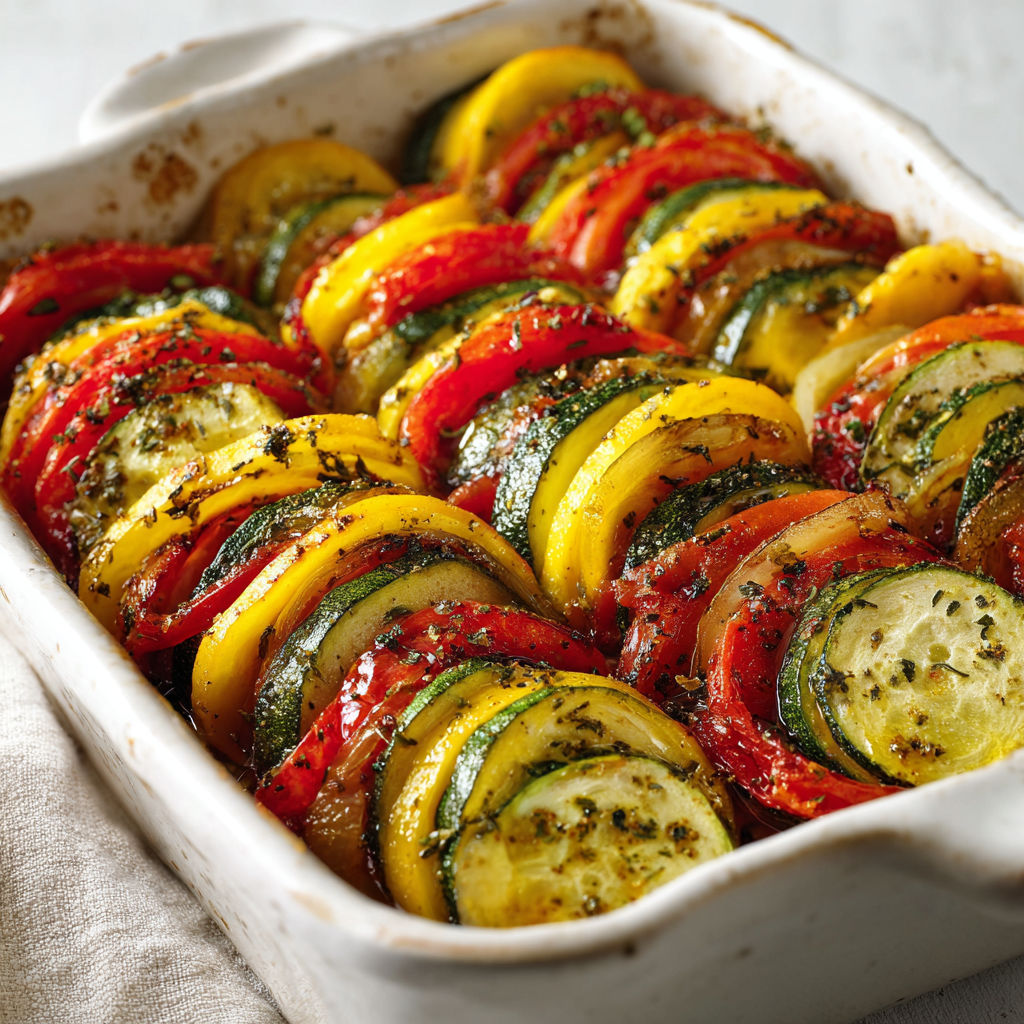 Une casserole de légumes colorés, y compris des aubergines, des courgettes et des tomates, est servie dans un plat en céramique.
