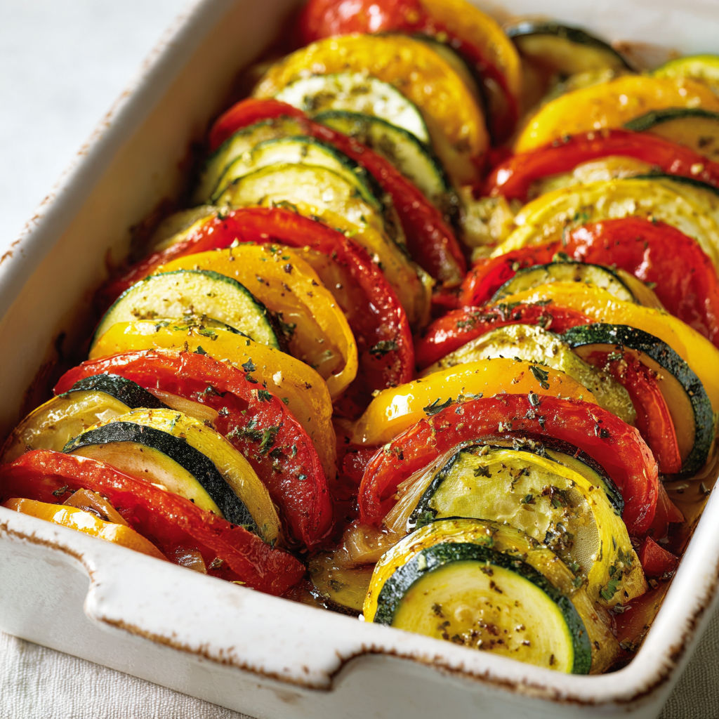 Une tarte aux courgettes colorées, avec des tomates et des herbes, est servie dans un plat en céramique.