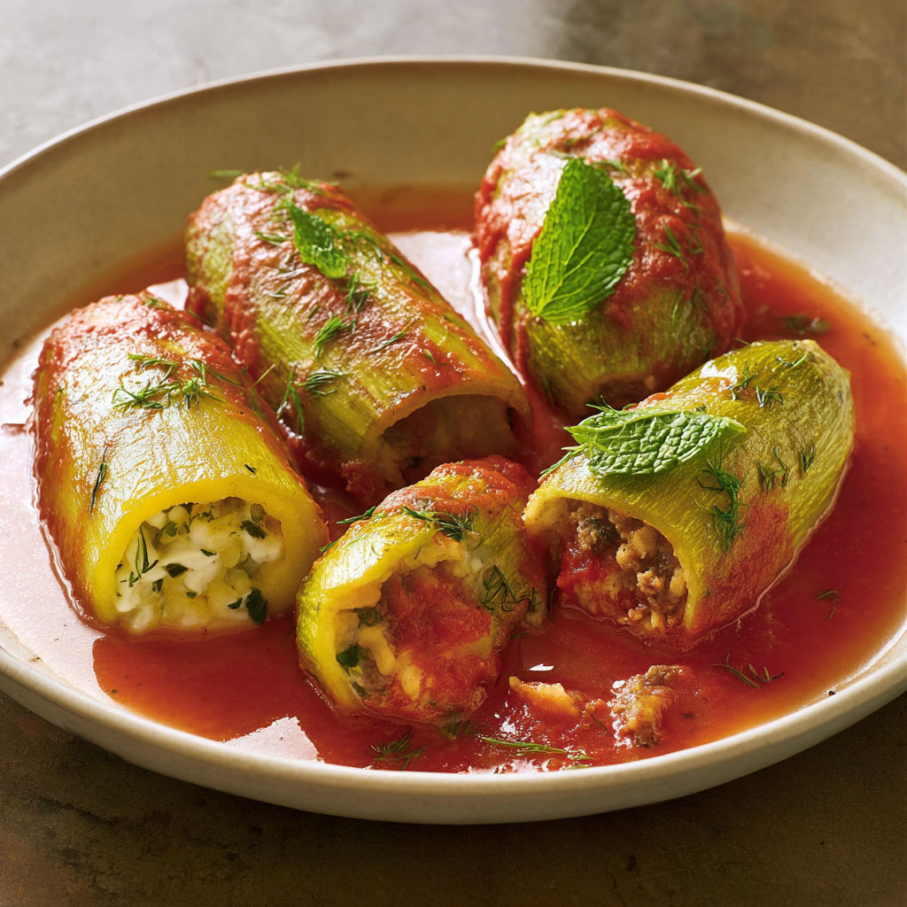 Plate of stuffed zucchini with tomato sauce.