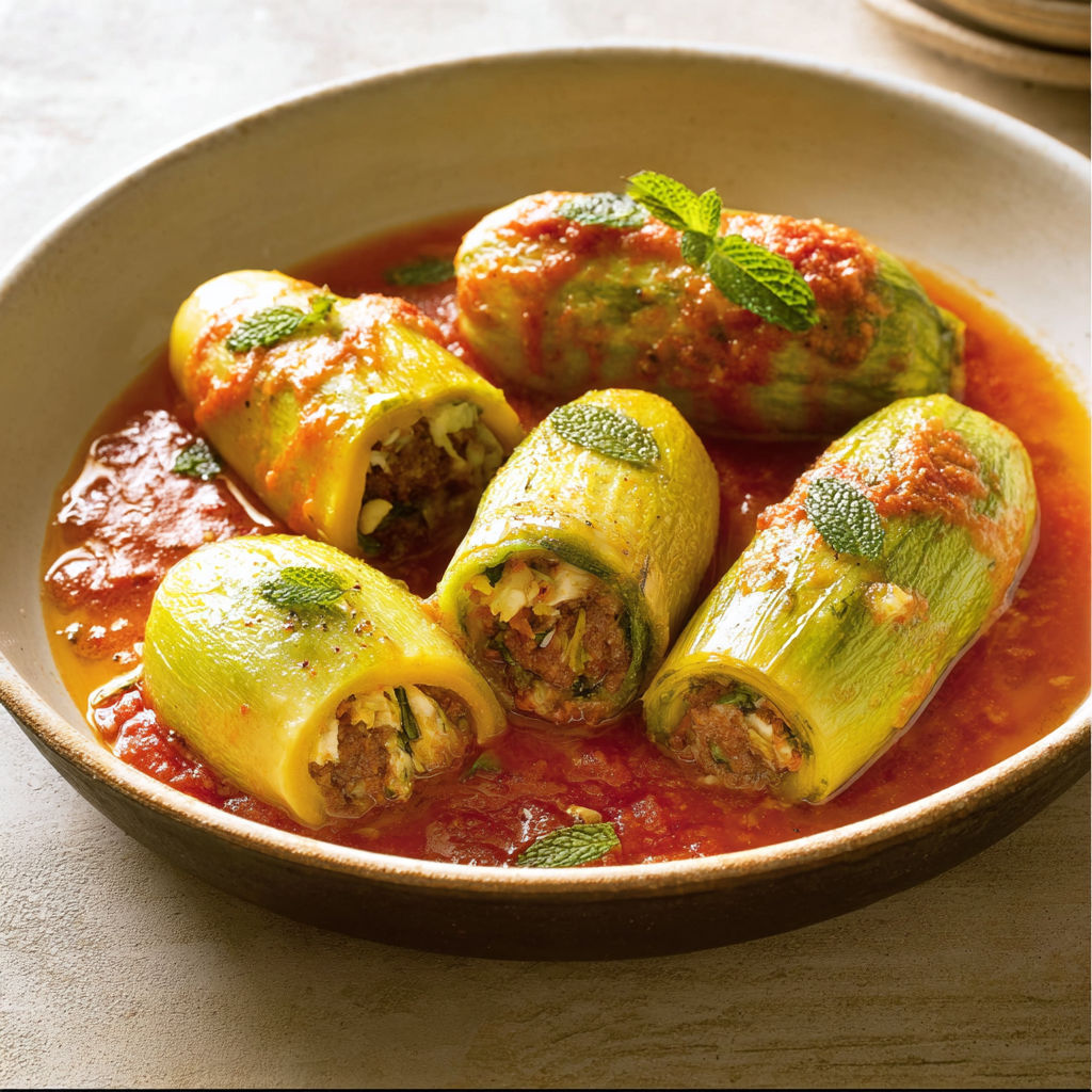 Unsure of the recipe name, but the image shows a bowl of food containing a variety of vegetables, including zucchini, tomatoes, and peppers. The dish appears to be a colorful and healthy meal option.