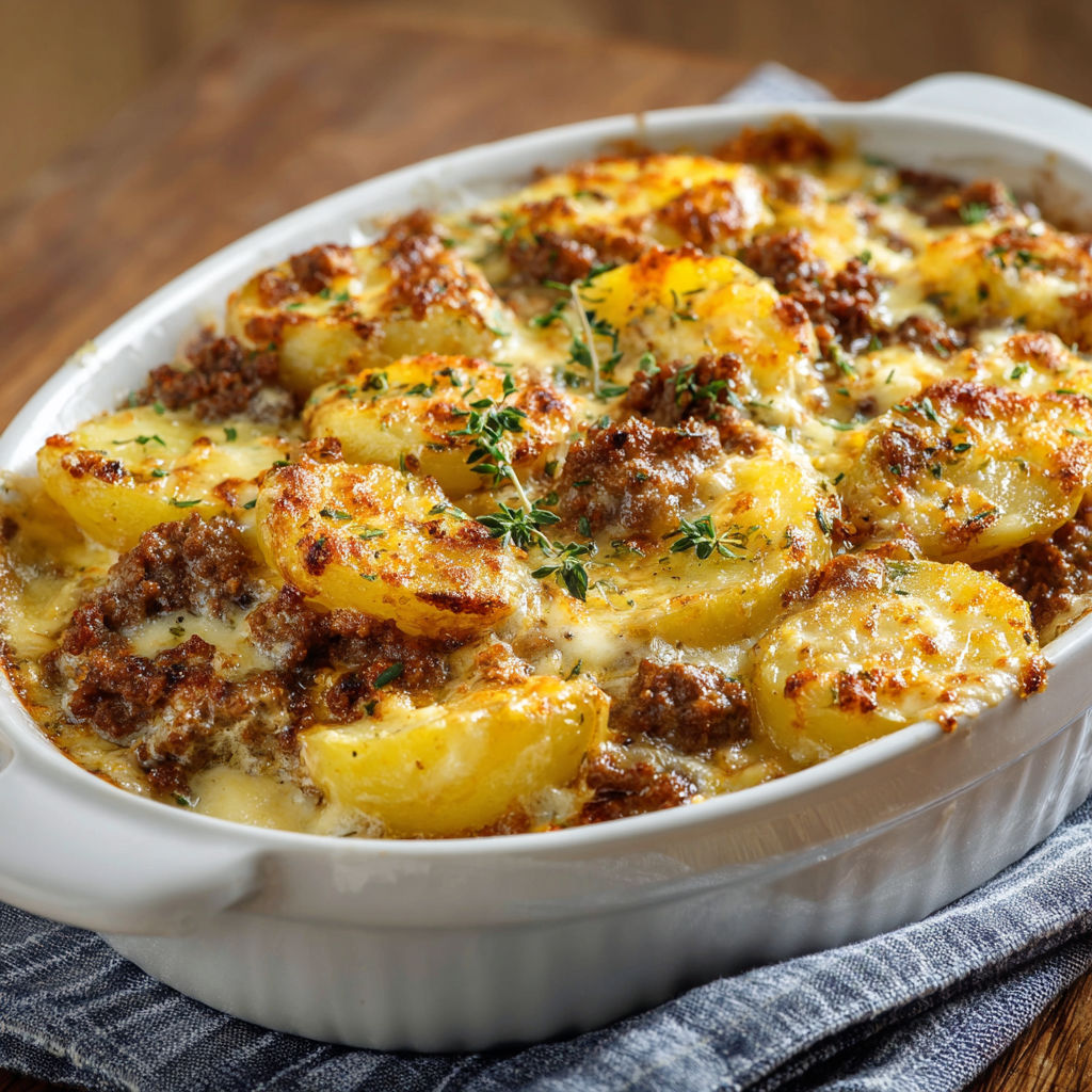 Une tarte au potato gratinée avec des pommes de terre et des champignons.