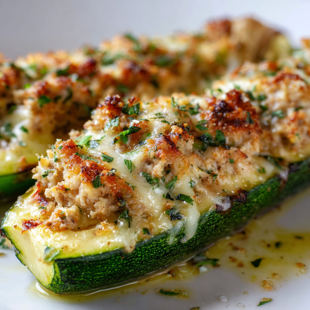 Des courgettes farcies au thon et fromage fondant, servis sur une assiette blanche.