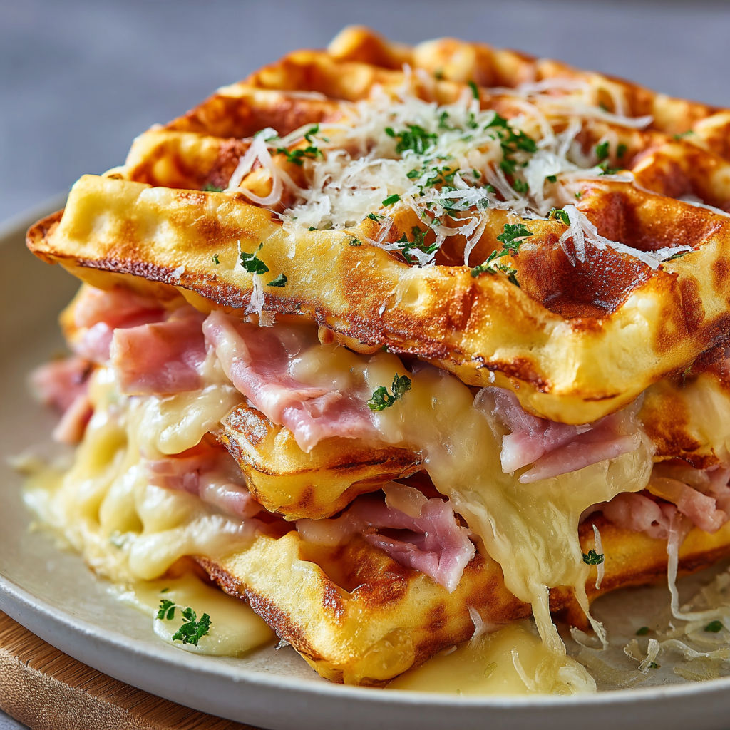 Une pile de waffles au fromage et aux herbes, avec des ingrédients tels que le jambon et le fromage.