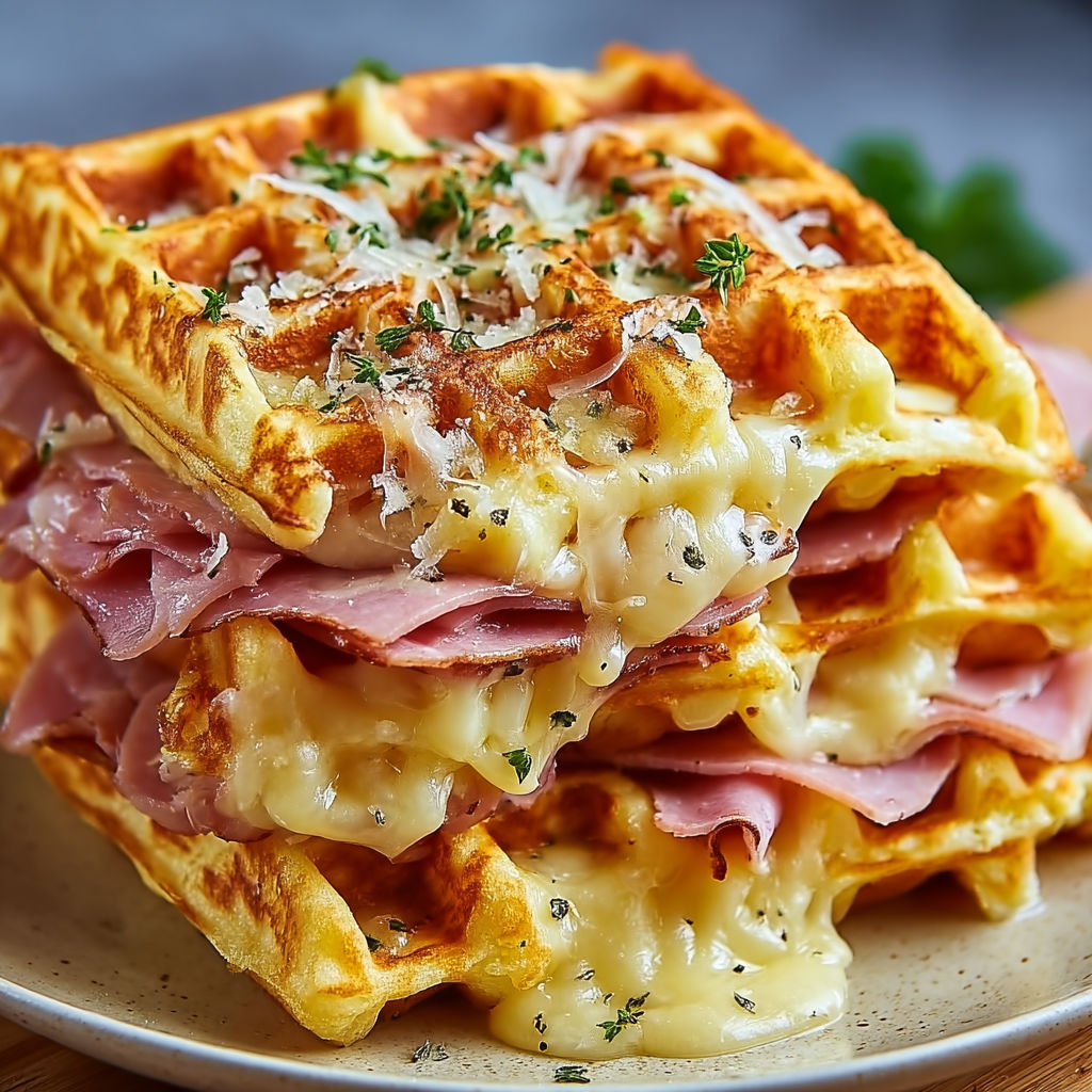 Une pile de waffles au fromage et aux herbes, avec des tranches de viande de porc et des herbes fraîches.