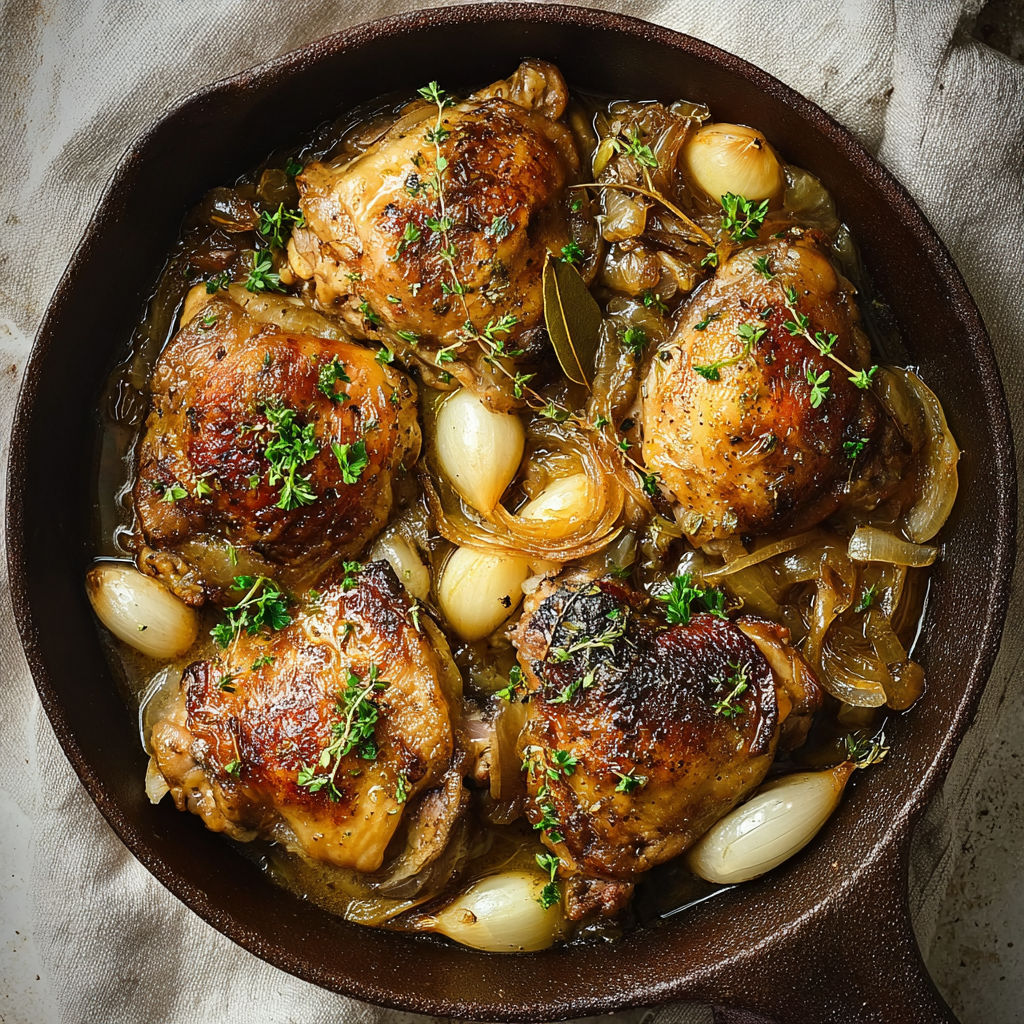Des cuisses de poulet braisées avec des oignons et des ailes, dans un bol en fonte.
