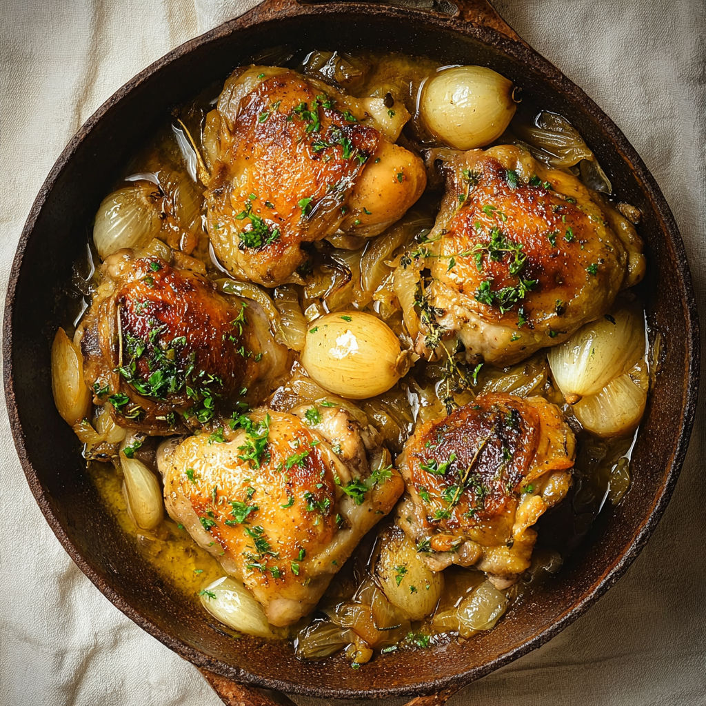 Des cuisses de poulet braisées avec des oignons et des ailes, servis dans un bol en terre.