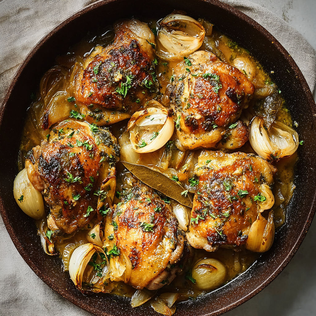 Une casserole de poulet braisé avec des oignons et des ailes, accompagnée d'une sauce au vin.