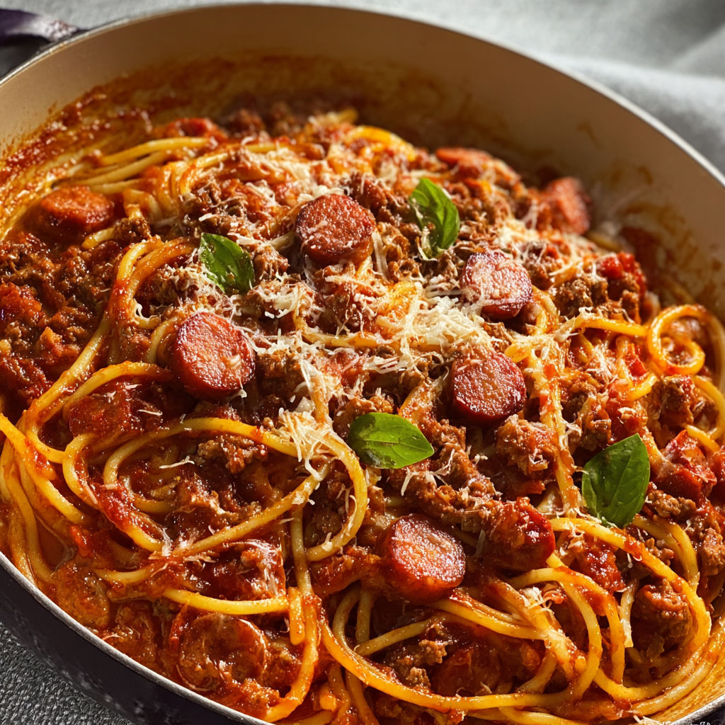 Une casserole de spaghetti au bœuf haché et saucisse fumée.