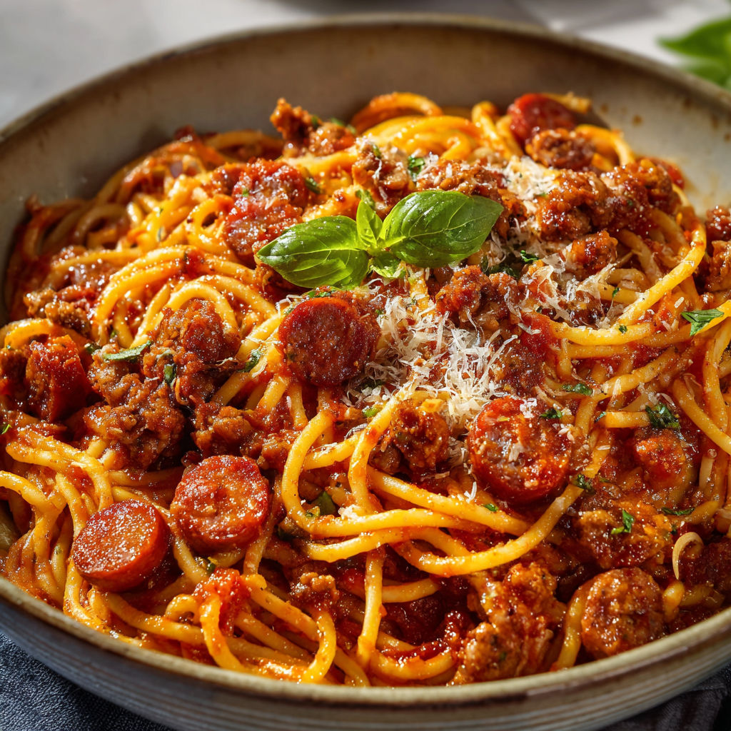 Une recette de spaghetti à la sauce tomate avec des boulettes de viande et des feuilles de basilic.