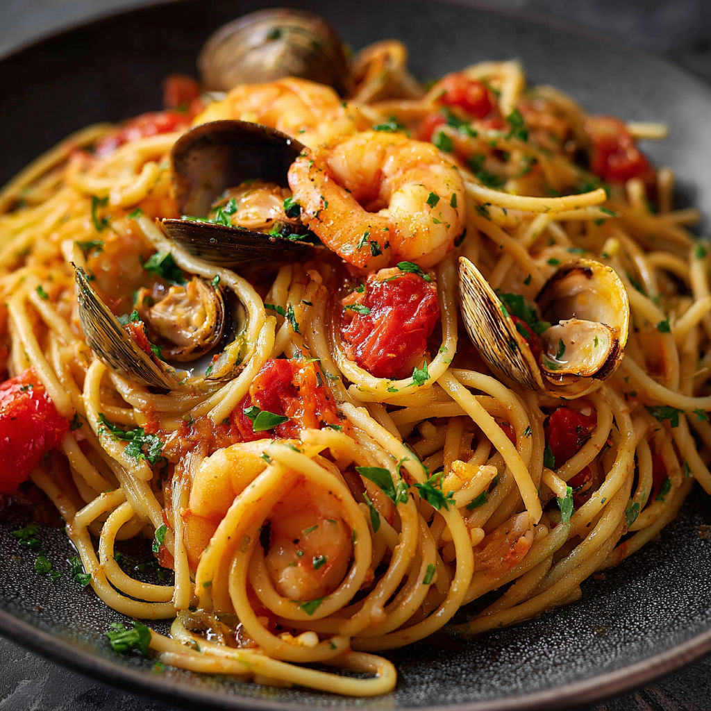 Un plat de Spaghetti allo Scoglio (Mélange de Fruits de Mer) avec des moules, des coquilles et des tomates.